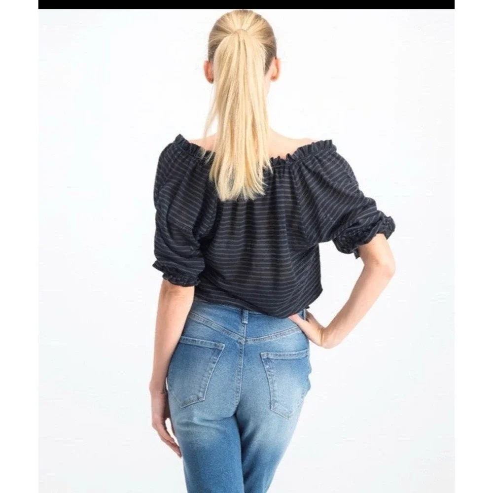 Free People Women's Black Dorothy Puff Sheerish Striped Cropped Tied Top S/Small